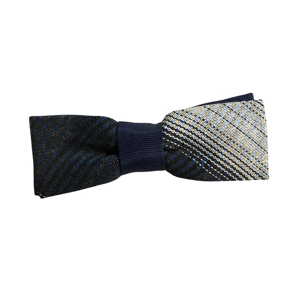 Blue And White Abstract Plaid Vintage Clip On Bow Tie Evergrip Jr
